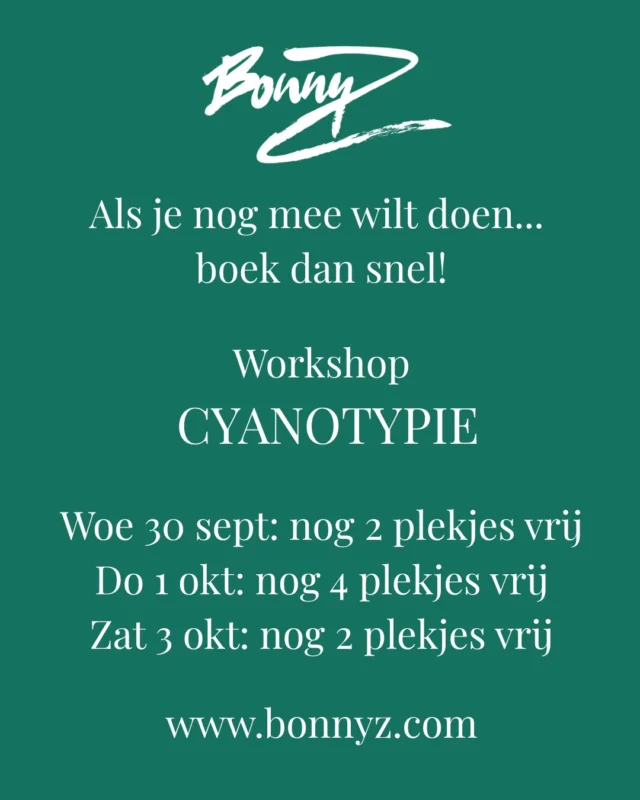 De laatste plekjes voor deze week bij Bonny Z! Als je nog graag mee wilt doen met je kind boek dan nog snel een plekje op www.bonnyz.com/workshops/
Zie jullie graag!

#workshops #amsterdam #cyanotype #ouderenkind #verbinding