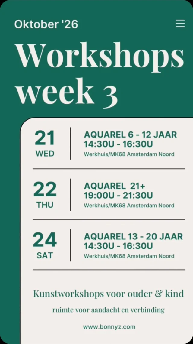 Genieten jullie ook zo van de herfstvakantie? Vanaf volgende week weer workshops bij Bonny Z dus hierbij de workshop agenda voor de komende 2 weken! Volgende week botanisch tekenen met aquarel en de week daarop gaan we lino drukken! 
Boek jullie plekje voor een gezellige en ontspannen middag samen waarin aandacht is voor elkaar en jezelf, jullie een kunsttechniek leren én je ook nog eens naar huis gaat met je eigen kunstwerk!
Wees welkom! 
Info en boekingen: https://bonnyz.com/workshops/

#workshops #kunst #ouderenkind #amsterdam #bonnyz

@bonnyzgraphicart