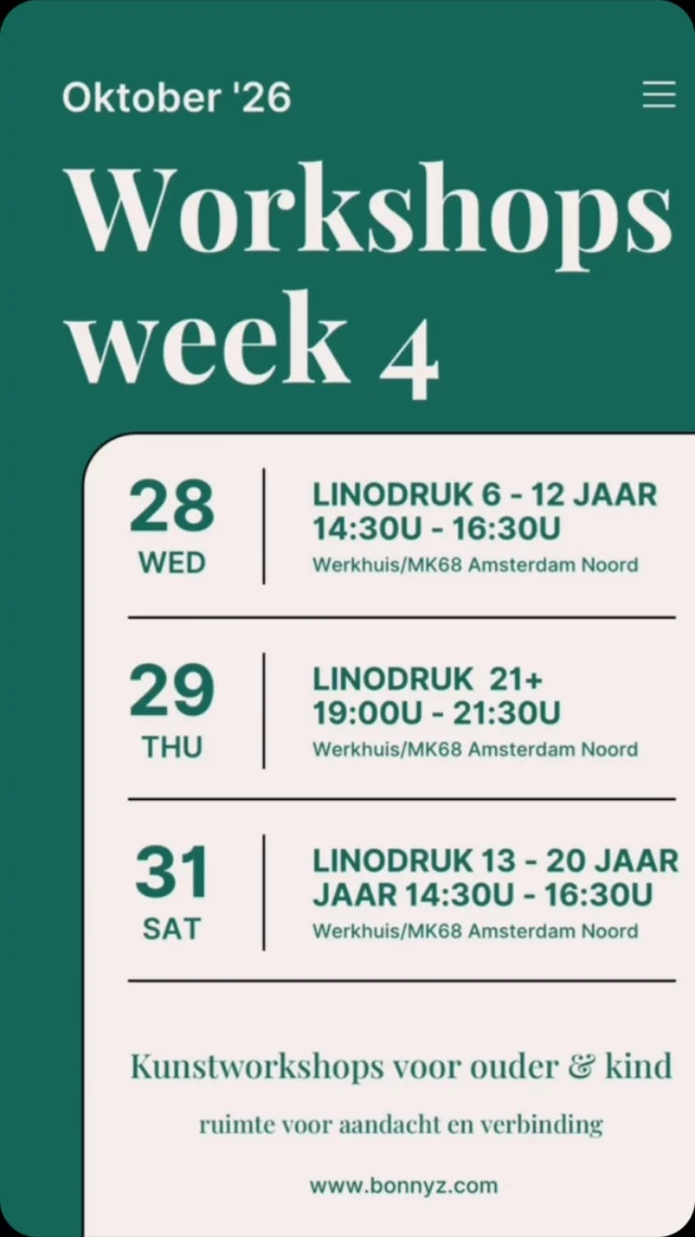 Komende week lino drukken bij Bonny Z! Er zijn nog een paar plekjes! Kom je samen met je kind een creatieve, ontspannen middag beleven?

Linocut printing at Bonny Z next week! There are still a few spots left! Why not join us with your child for a creative, relaxing afternoon or night?

Info en boekingen: https://bonnyz.com/workshops/

#workshops #kunst #ouderenkind #amsterdam #linocut

@bonnyzgraphicart