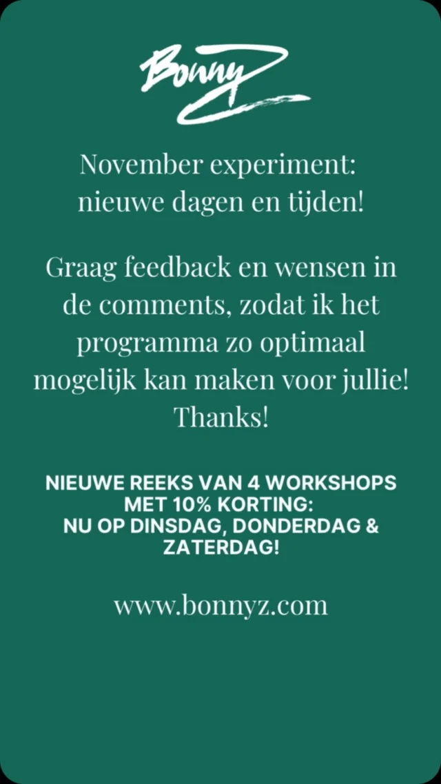 NIEUWE DAGEN EN TIJDEN!!!
Omdat ik gemerkt heb dat veel kinderen op woensdagmiddag sporten ga ik de maand november experimenteren met nieuwe dagen en tijden. De 6-12 groep zal deze maand op dinsdag van 15u tot 17u worden gegeven. Ook de zaterdag is een dag waarop veel gesport wordt, dus daarom heb ik deze tijd ook aangepast naar 15u tot 17u. De 21+ groep blijft ongewijzigd.
Hopelijk kunnen er nu meer kinderen en ouders meedoen! Geef me vooral jullie feedback en wensen door, zodat ik het programma zo goed mogelijk kan aanbieden. Dank!

NEW DAYS AND TIMES!!! Since I’ve noticed that many children participate in sports on Wednesday afternoons, I will be experimenting with new days and times throughout the month of November. This month, the 6–12 age group will meet on Tuesdays from 3:00 PM to 5:00 PM. As Saturdays are also a popular time for sports, I have adjusted the Saturday sessions to run from 3:00 PM to 5:00 PM as well. The 21+ group will stay as it is. Hopefully, this will allow more children and parents to join in! Please feel free to share your feedback and preferences so that I can offer the best possible program. Thanks!

#workshops #art #ouderenkind #qualitytime #amsterdam

@bonnyzgraphicart